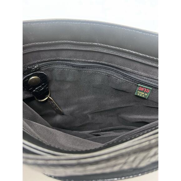 SAS Shoulder Bag Black Leather Croc Print Zip Top Adjustable Strap Authentic USA - Picture 8 of 8
